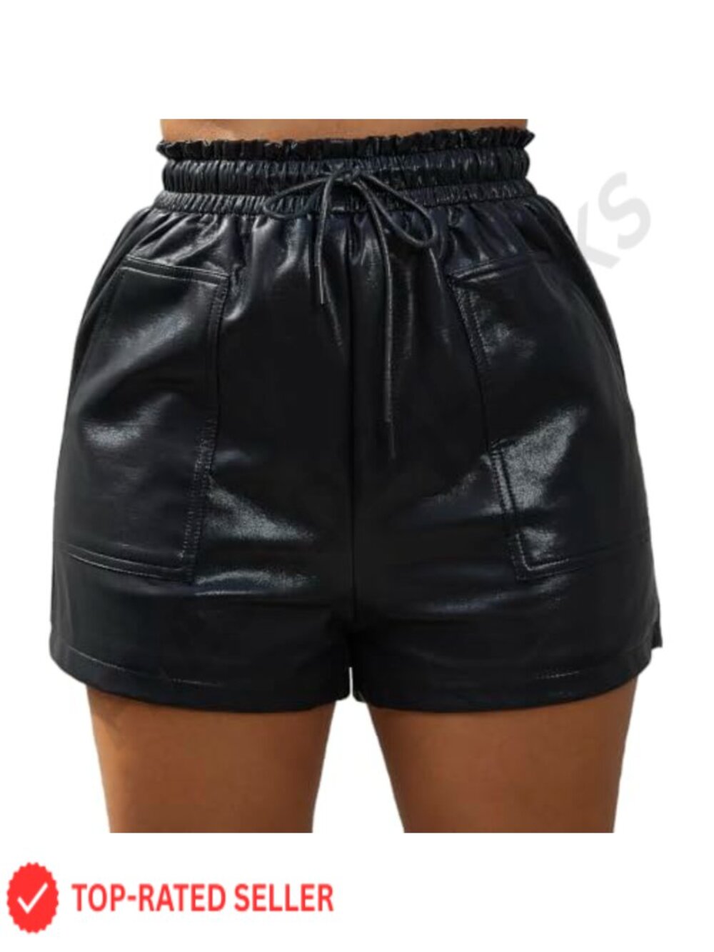 High Waisted Straight Leg Faux Leather Shorts Elastic Waist Casual